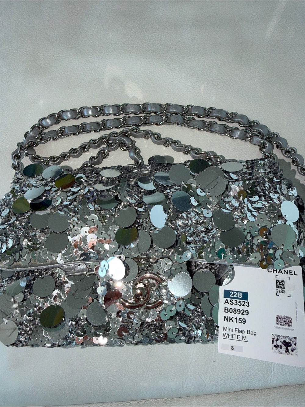 CHANEL Silver Sequin Mini Flap Bag crossbody